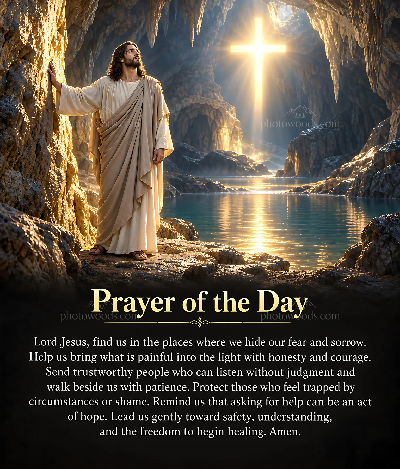 Light entering a cavern with a figure in religious attire - AI-generated stock image