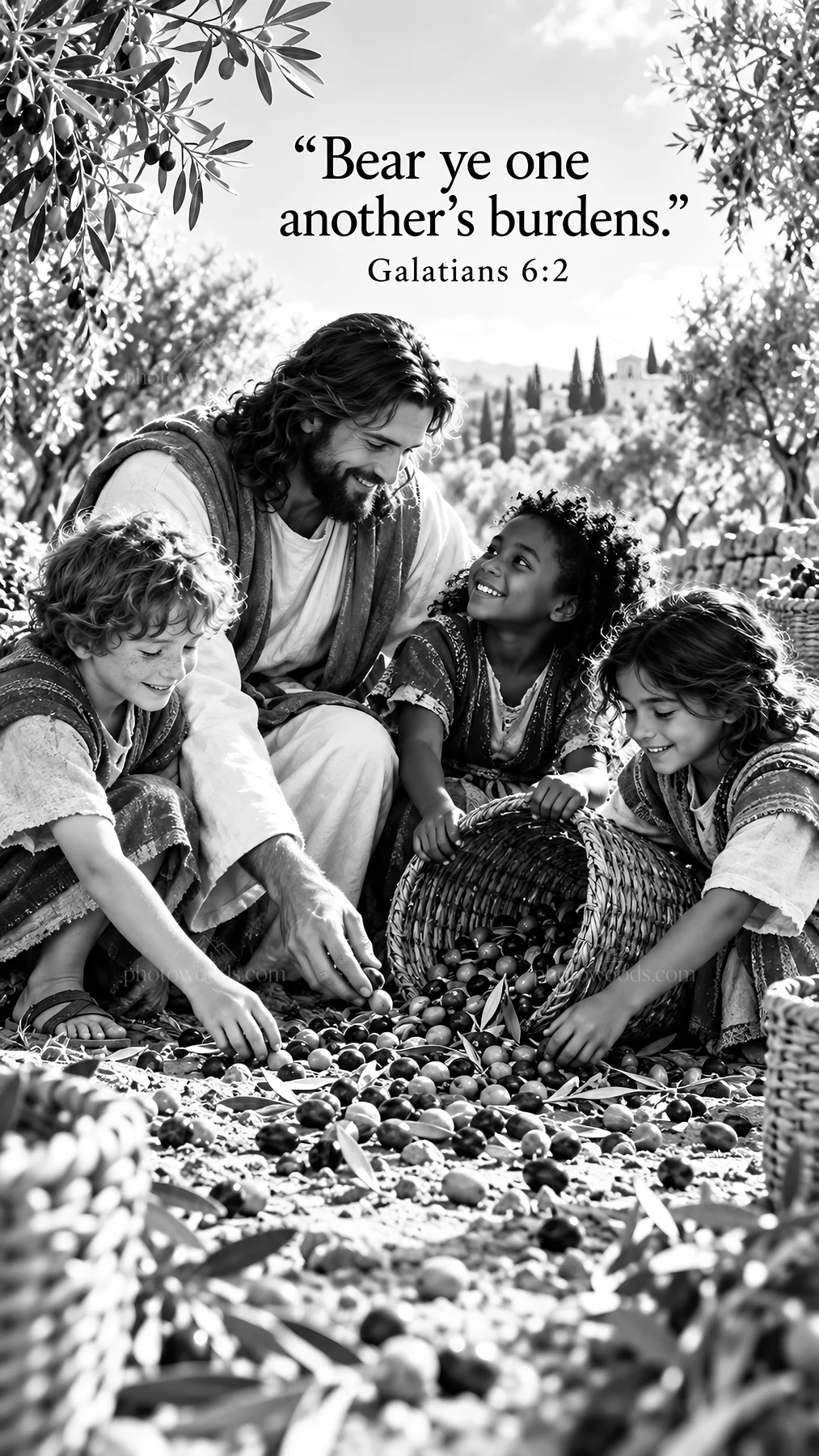Jesus Christ teaches children about sharing and compassion - AI-generated stock image