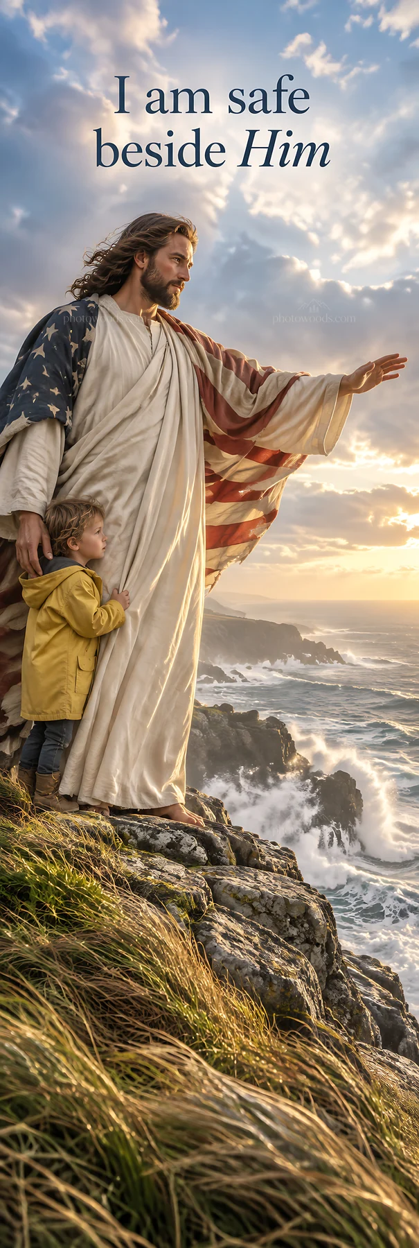 Jesus Christ standing with child by the ocean during sunset - AI-generated stock image