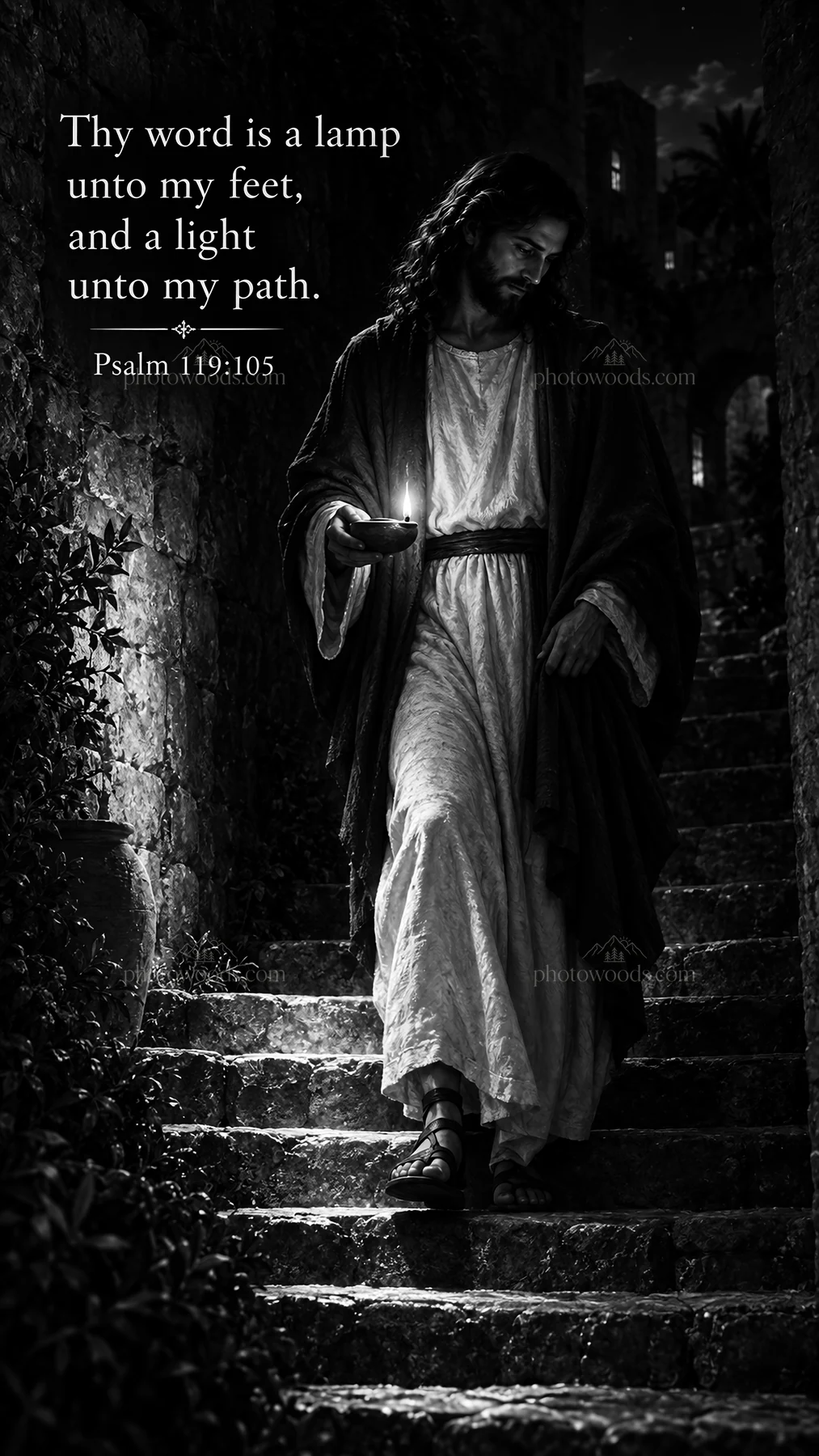 Jesus Christ walking down the stairs holding a lamp - AI-generated stock image