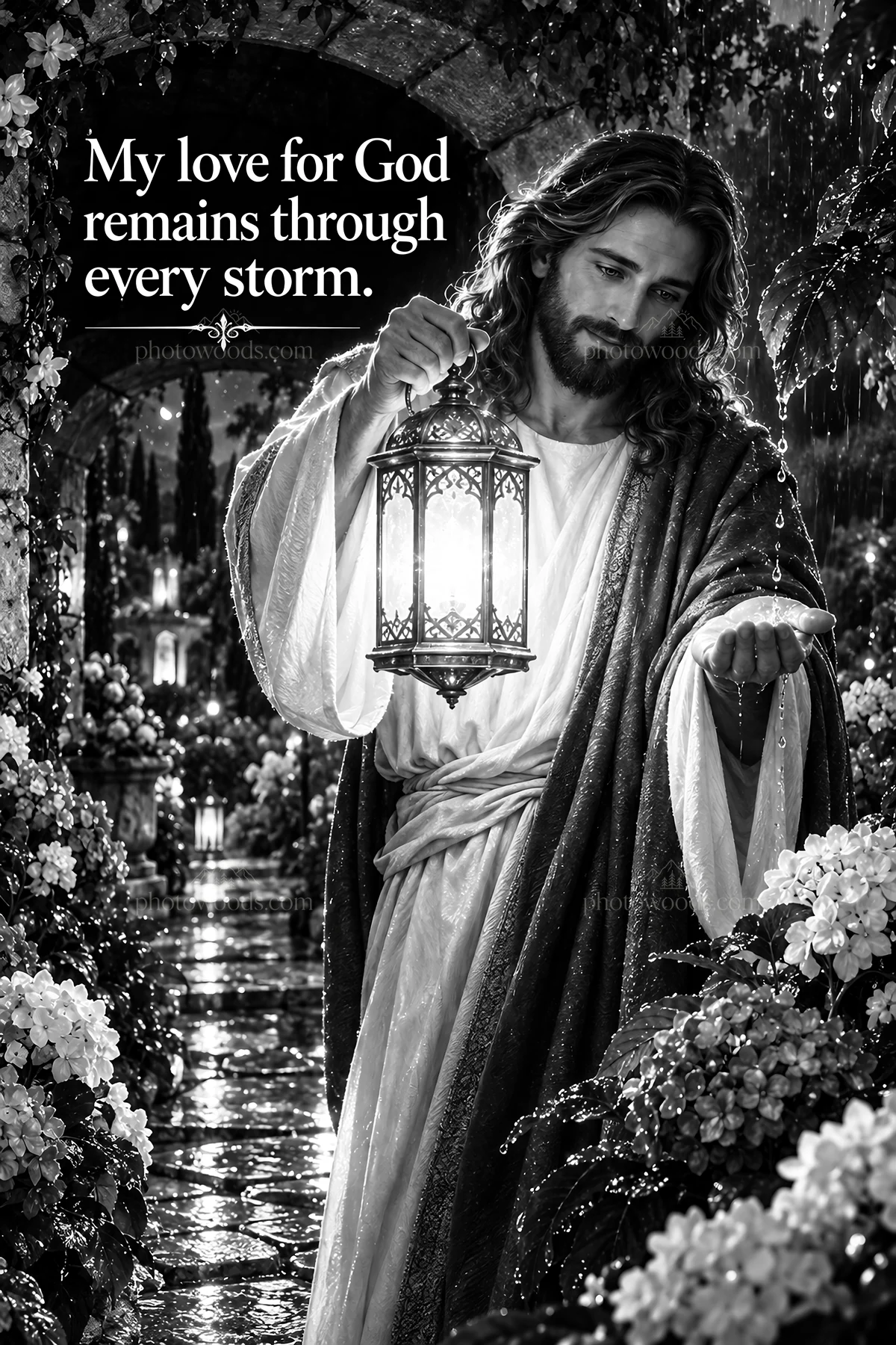 Jesus Christ holding a lantern in a garden path - AI-generated stock image