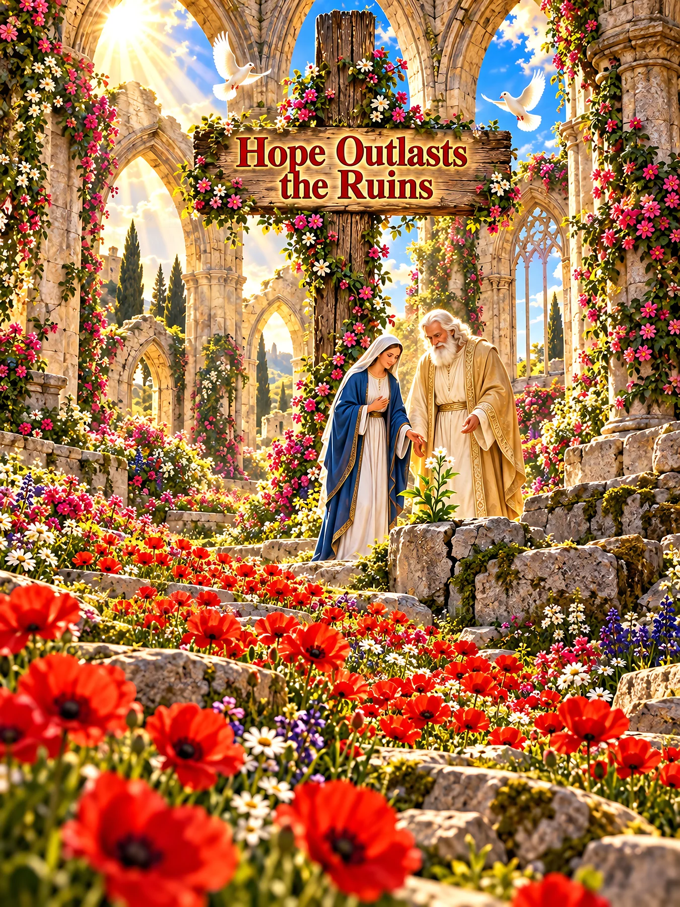 Jesus Christ and Mary in a garden with flowers - AI-generated stock image