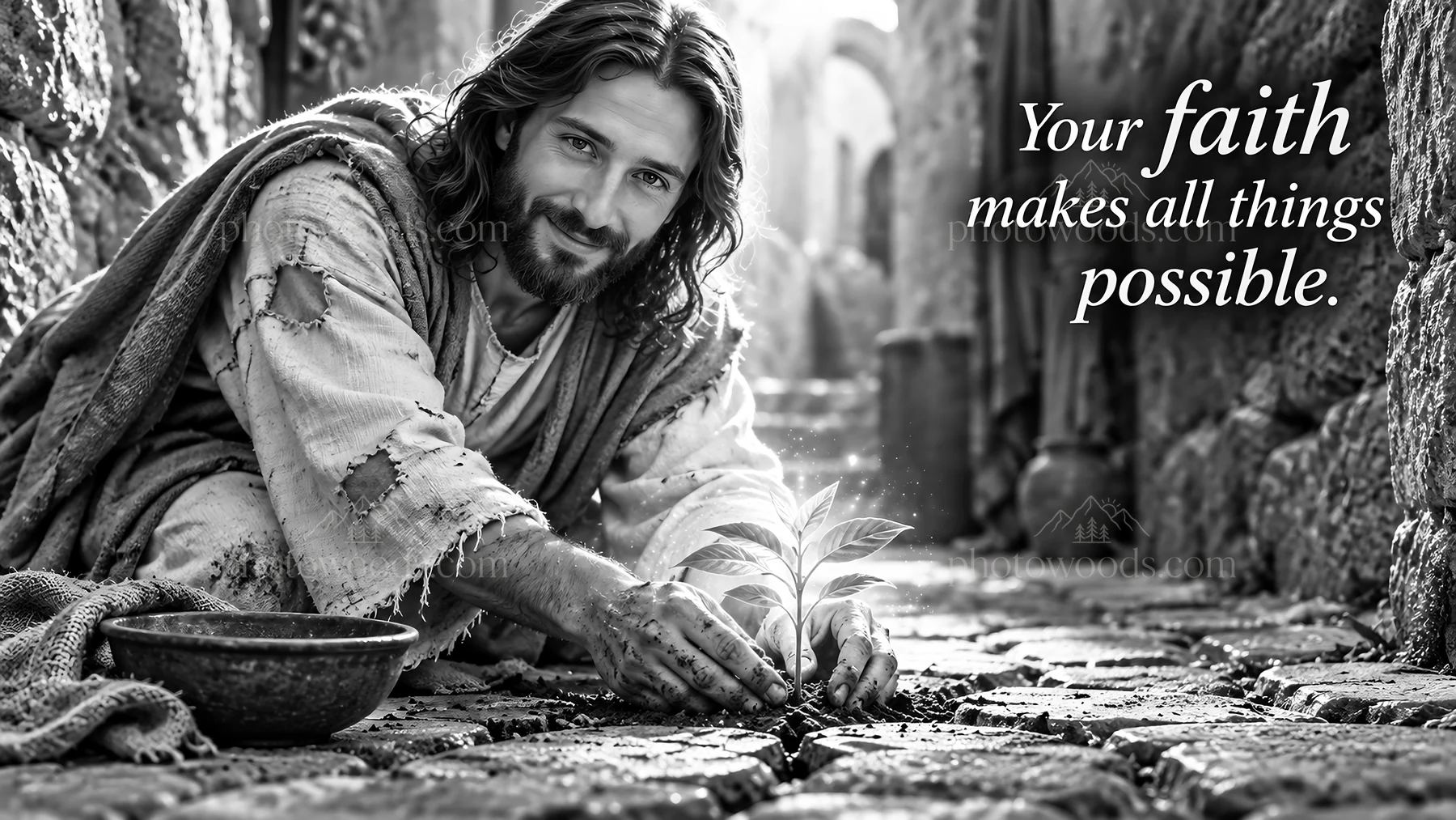 Jesus Christ planting a seed in a stone pathway - AI-generated stock image