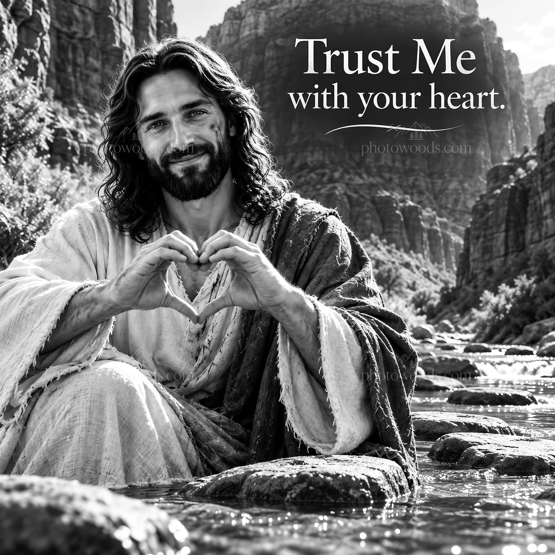 Jesus Christ sharing a message of trust near a river - AI-generated stock image
