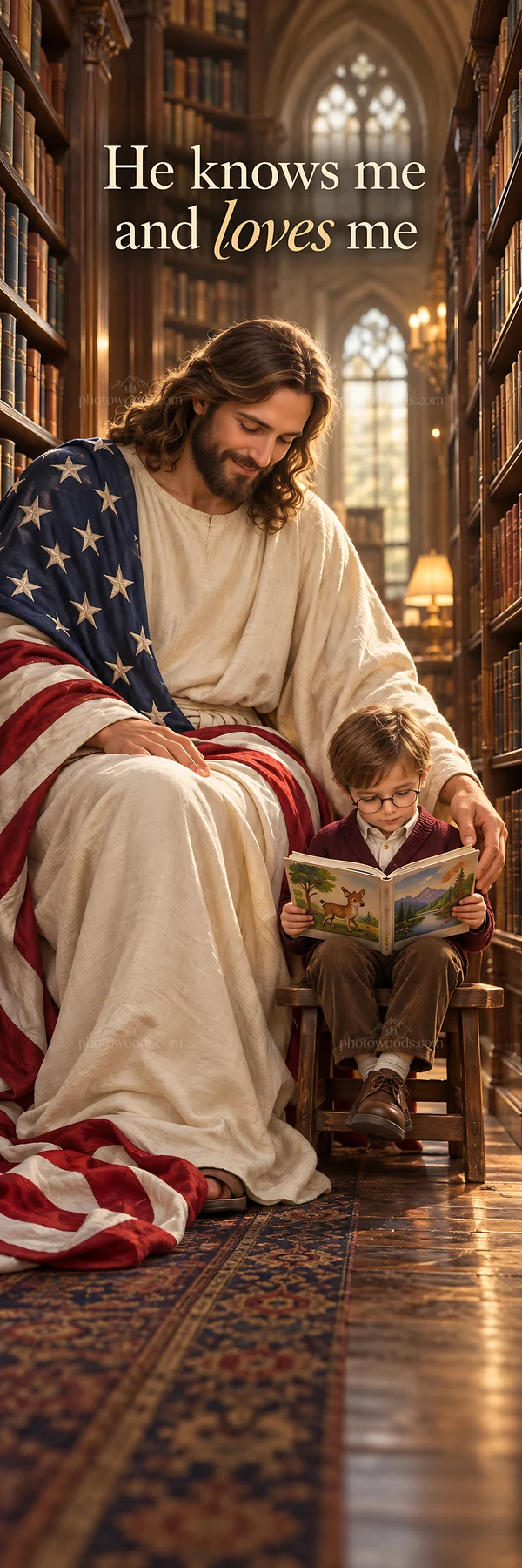 Jesus Christ reading with a child in a library - AI-generated stock image