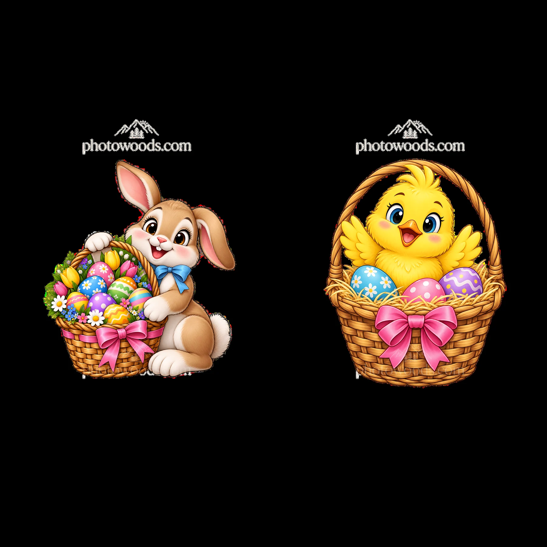 Easter bunny with basket and chick in basket with eggs - AI-generated stock image