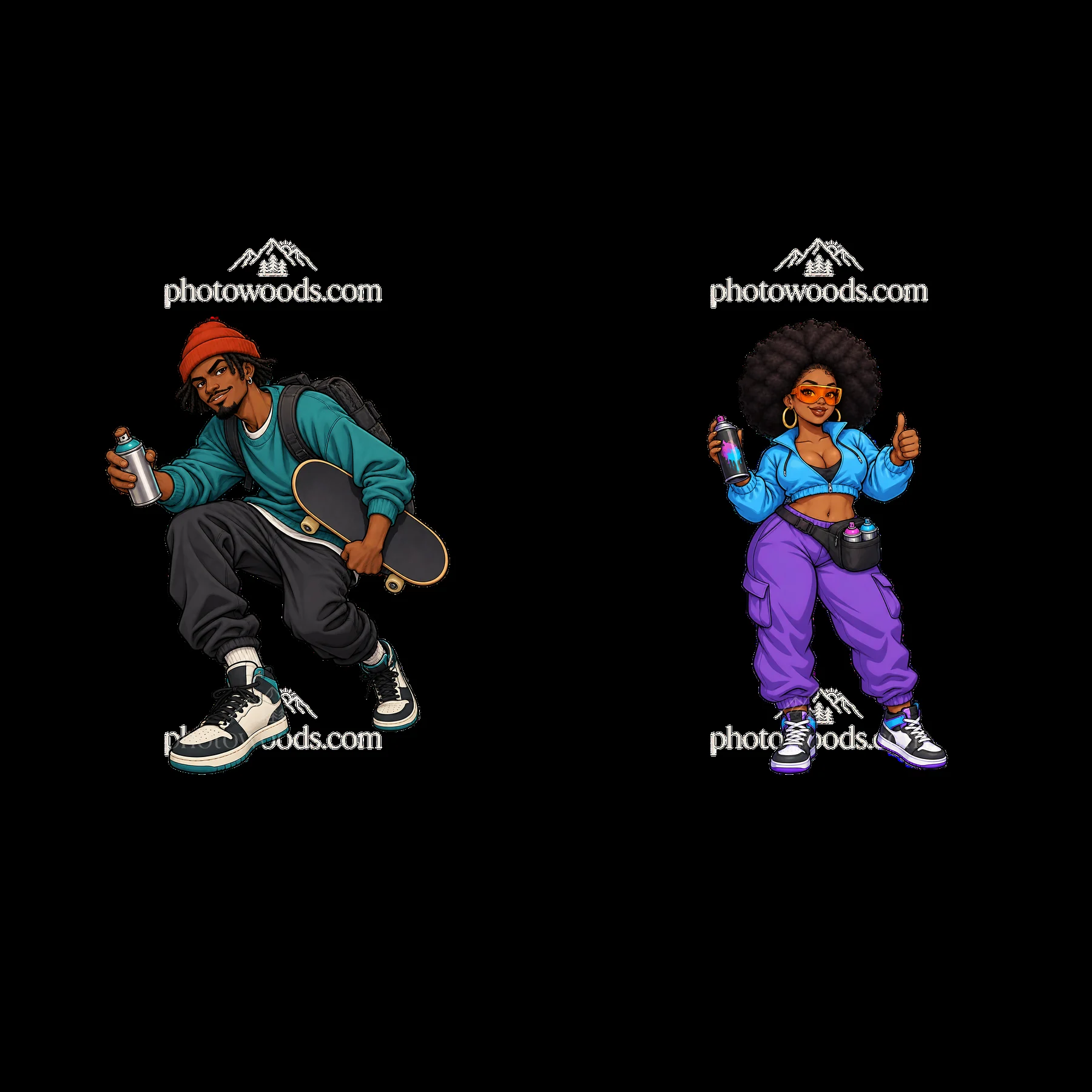 Cartoon graffiti sprayer and skateboarder in streetwear - AI-generated stock image