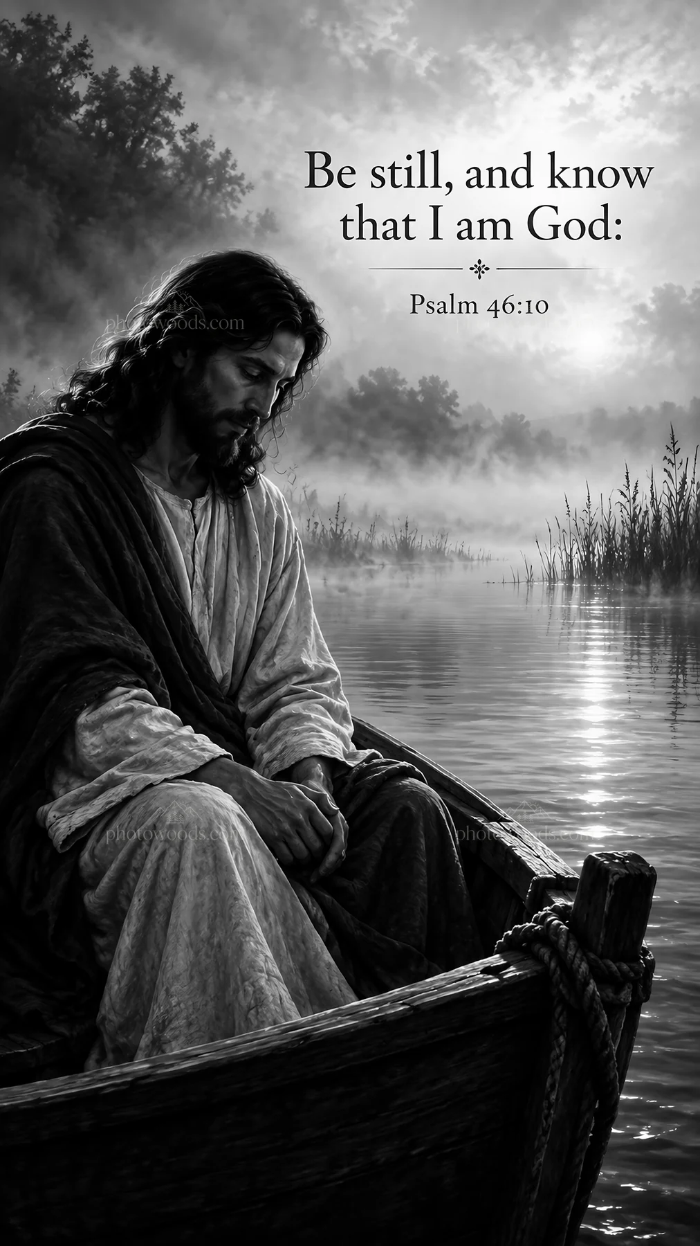 Jesus Christ in a boat by the water, reflecting on Scripture - AI-generated stock image
