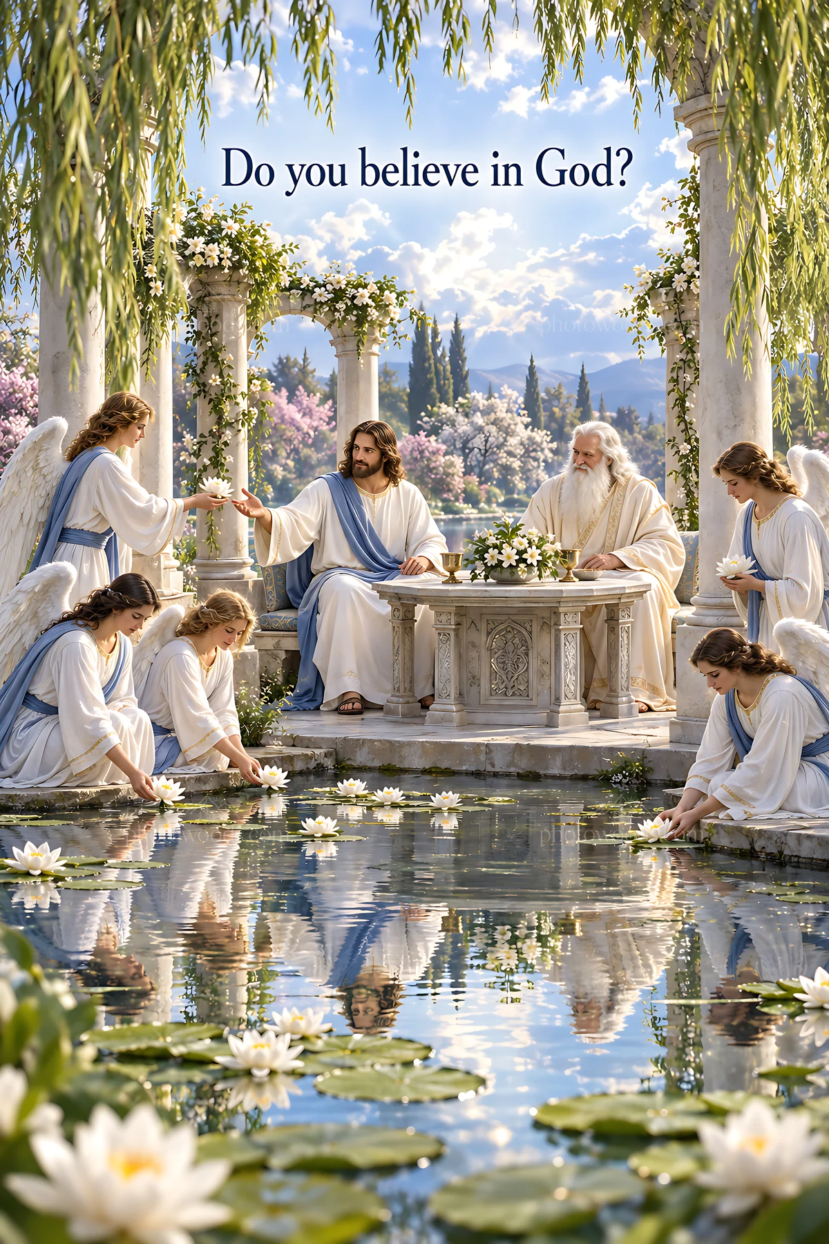 Symbolic scene at the Lily Pond Pavilion with figures and angels - AI-generated stock image