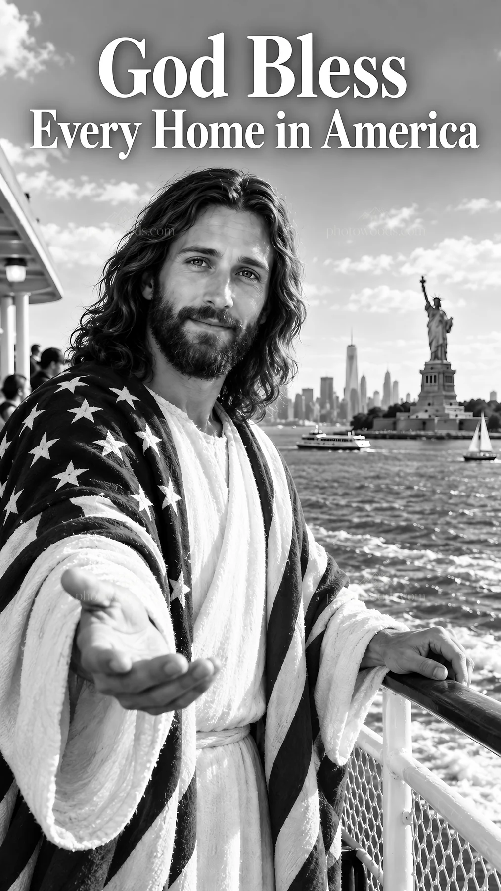 Jesus Christ welcoming viewers near the Statue of Liberty - AI-generated stock image