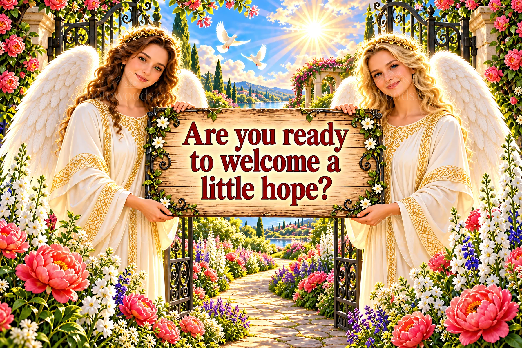 Jesus Christ welcoming hope in a garden with angels - AI-generated stock image