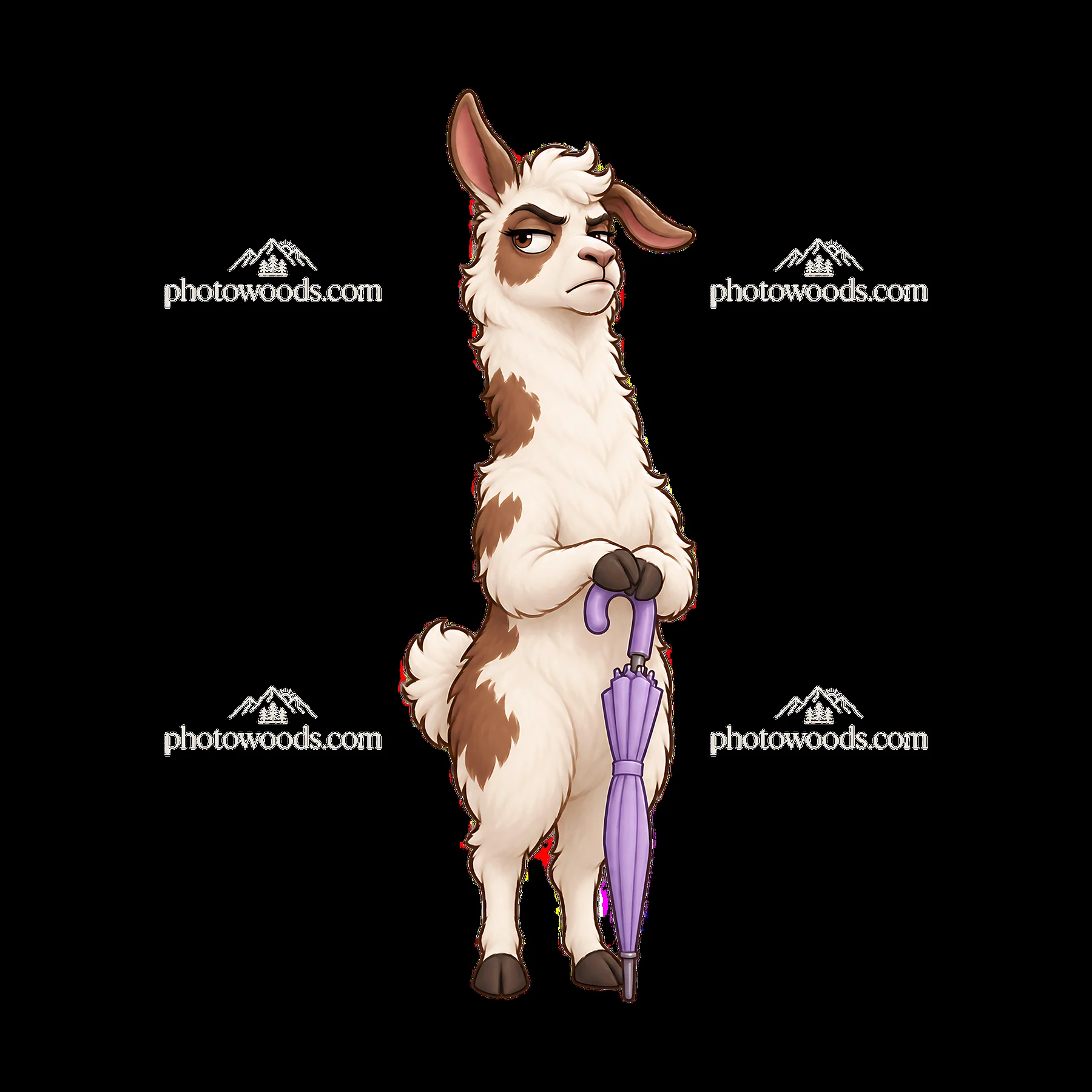 Grumpy llama holding a purple umbrella with a stern expression - AI-generated stock image