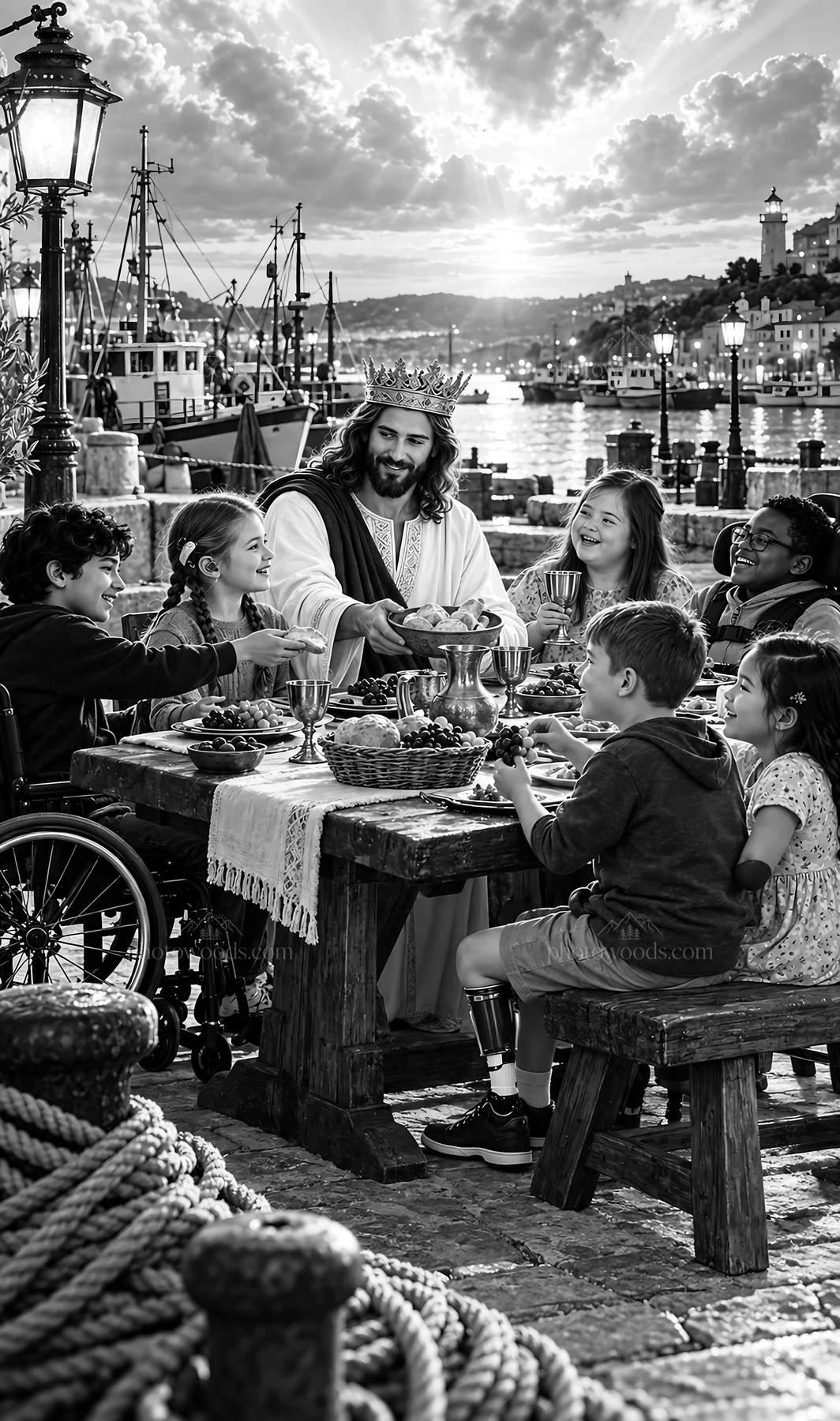 Jesus Christ sharing a meal with children by the harbor - AI-generated stock image