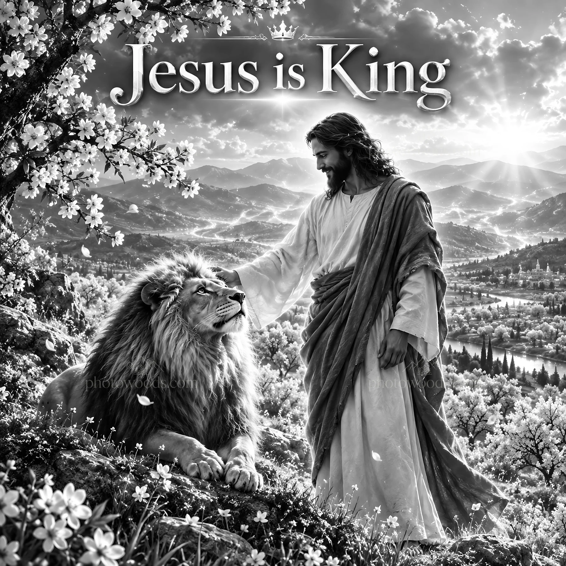 Jesus Christ in a serene setting with a lion - AI-generated stock image