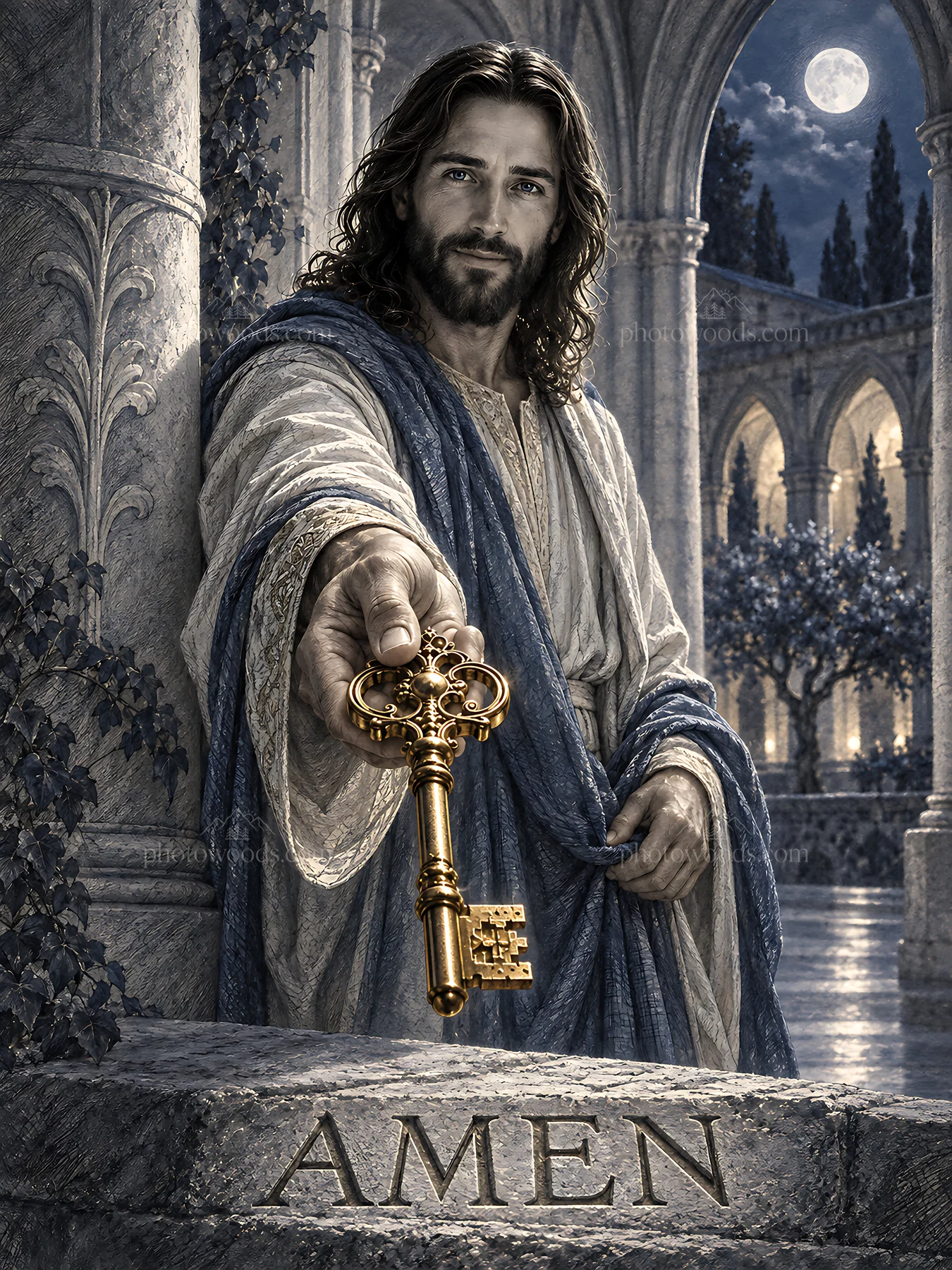 Man holding key in moonlit cloister - AI-generated stock image