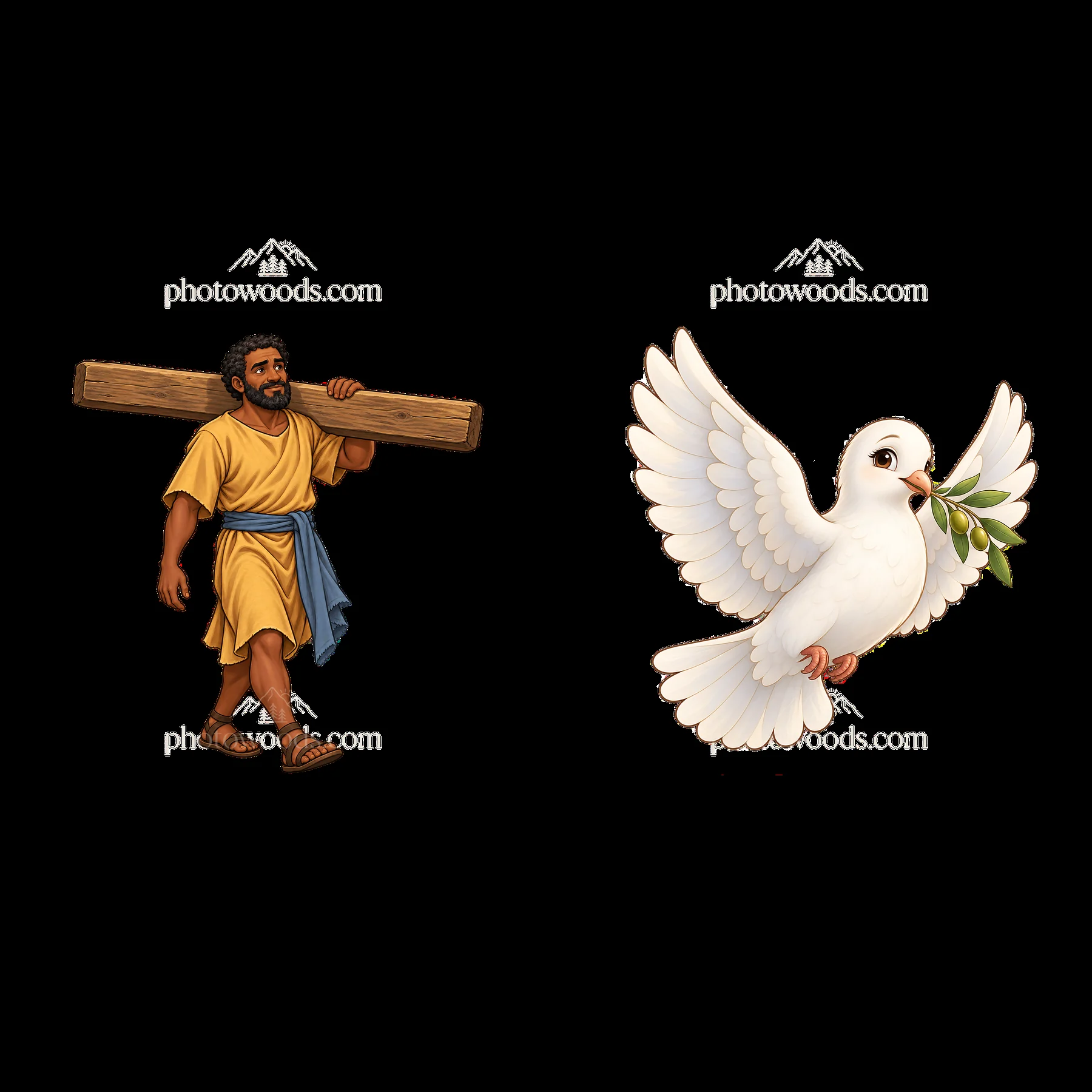 Jesus carrying the cross with a dove holding an olive branch - AI-generated stock image
