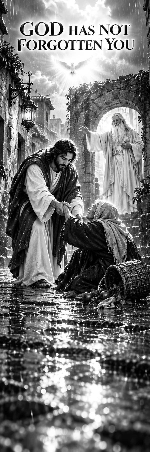 Jesus Christ comforting a suffering person in a rainy setting - AI-generated stock image