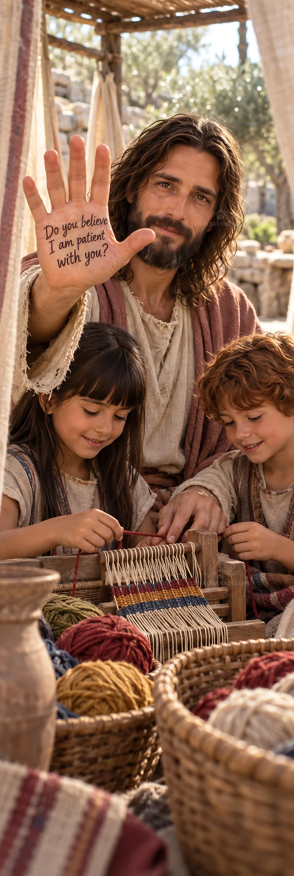 Jesus Christ teaching patience to children in a market setting - AI-generated stock image