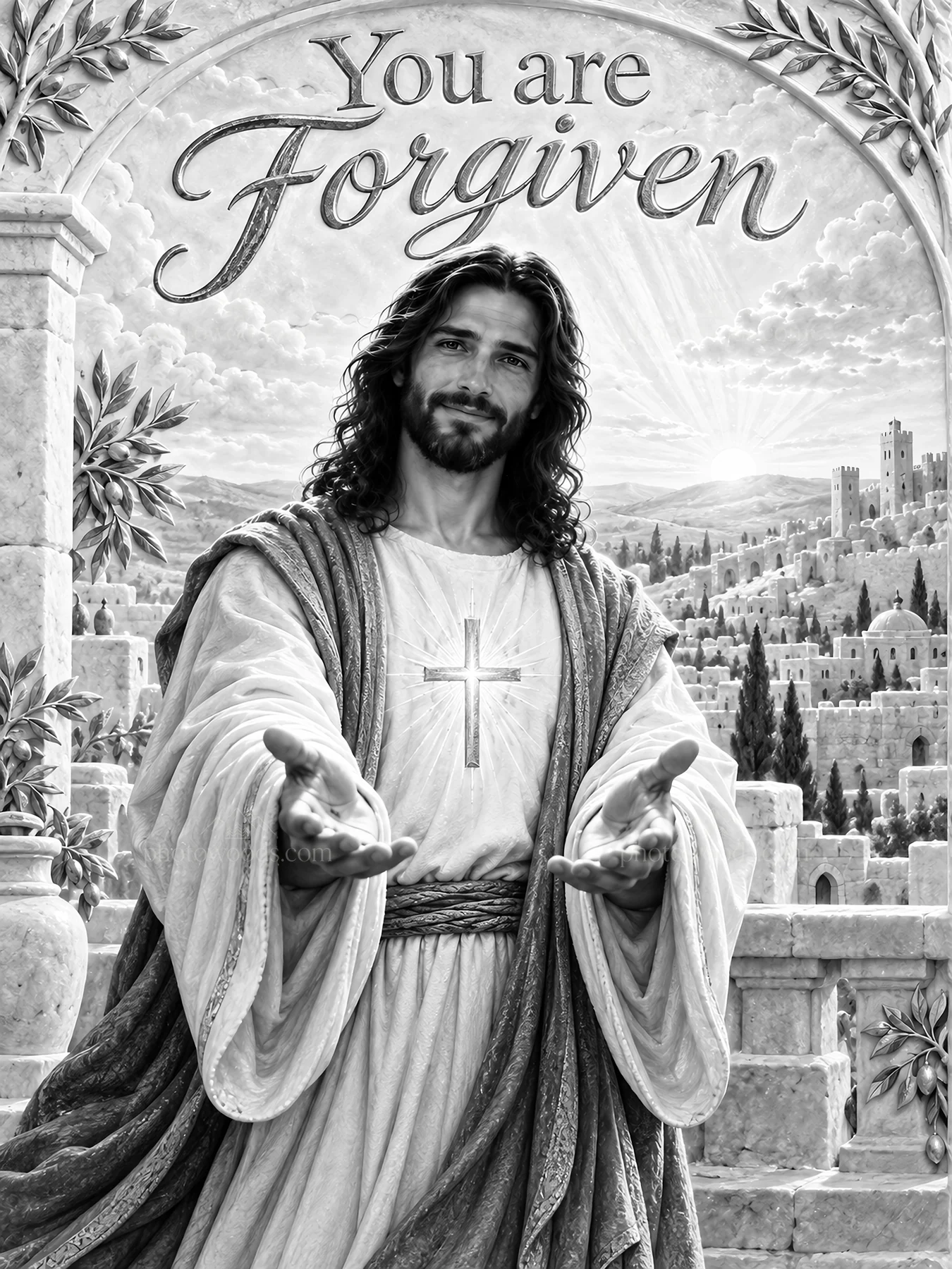 Jesus Christ welcoming with arms open and message of forgiveness - AI-generated stock image