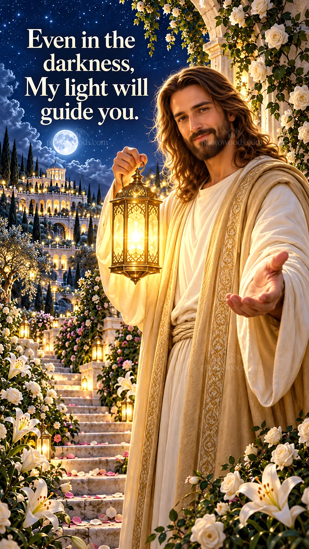 Jesus Christ offering light in a dark garden setting - AI-generated stock image