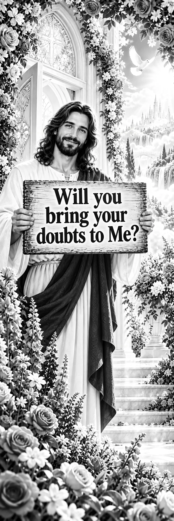 Jesus Christ holding a sign asking if you will bring your doubts - AI-generated stock image