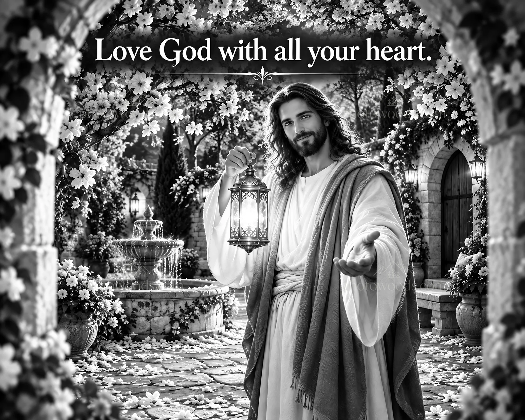 Jesus Christ inviting with a lantern in a garden setting - AI-generated stock image