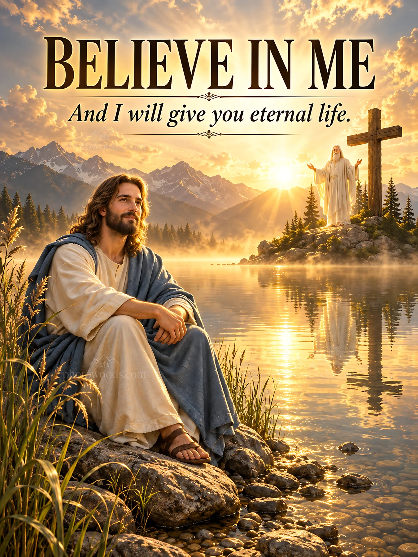 Jesus Christ by the water offering eternal life - AI-generated stock image
