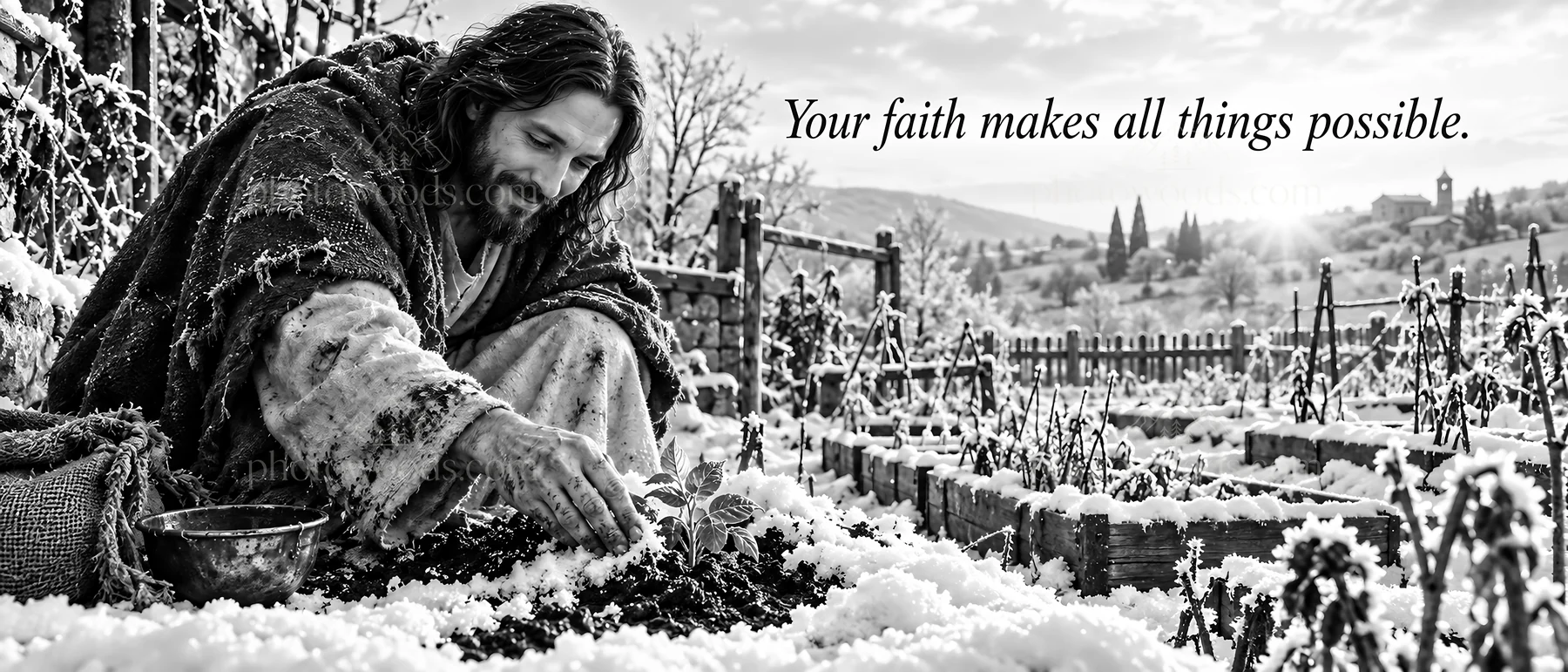 Jesus Christ working in a snowy garden - AI-generated stock image