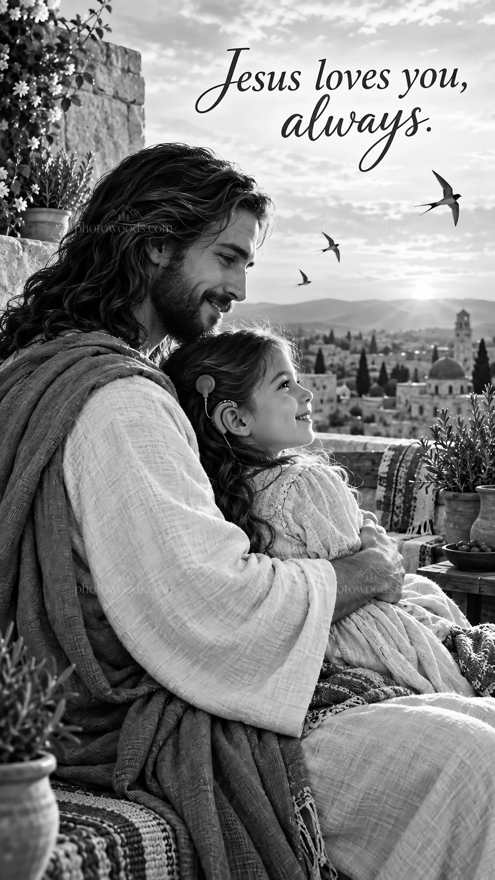 Jesus Christ comforting a child with love - AI-generated stock image