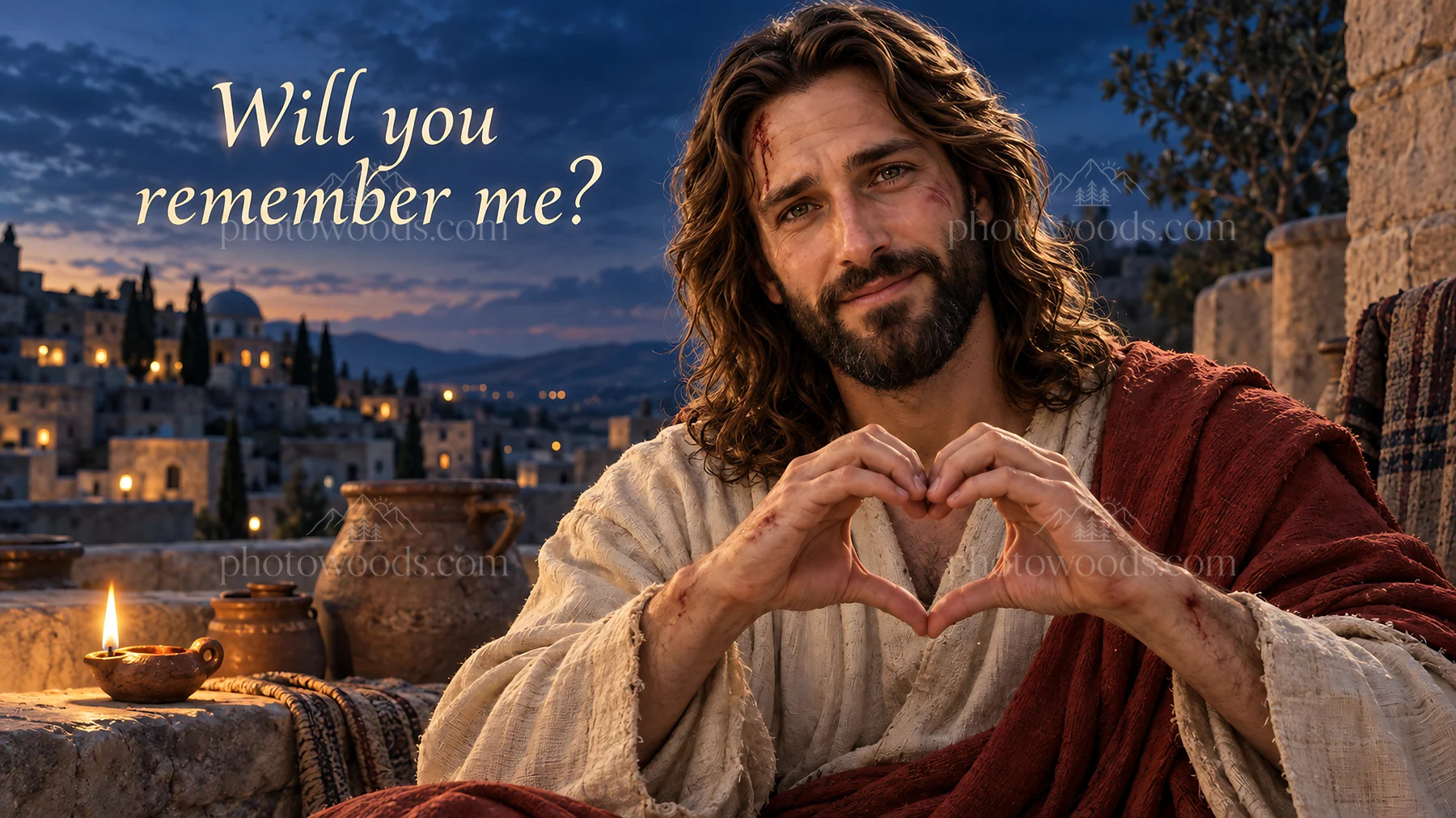 Jesus Christ asking will you remember me while forming a heart - AI-generated stock image
