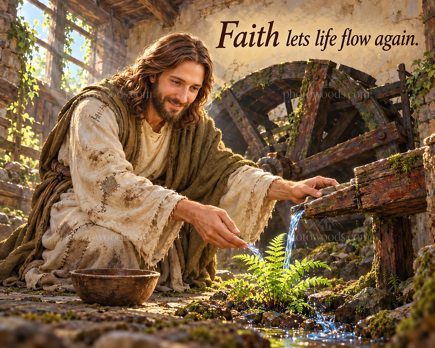 Jesus Christ nurturing a plant in a rustic setting - AI-generated stock image