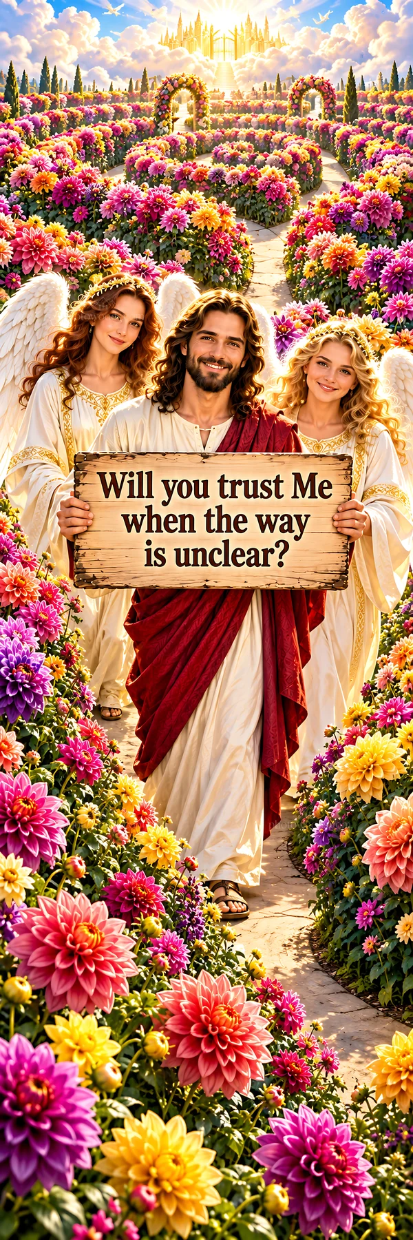 Jesus Christ guiding through a garden of flowers - AI-generated stock image