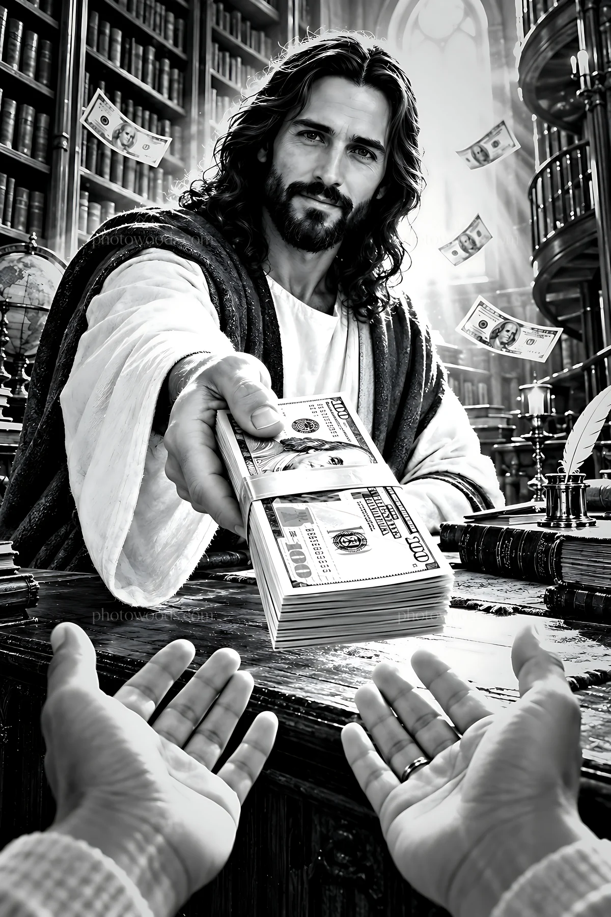 Light in the library with a man giving money - AI-generated stock image