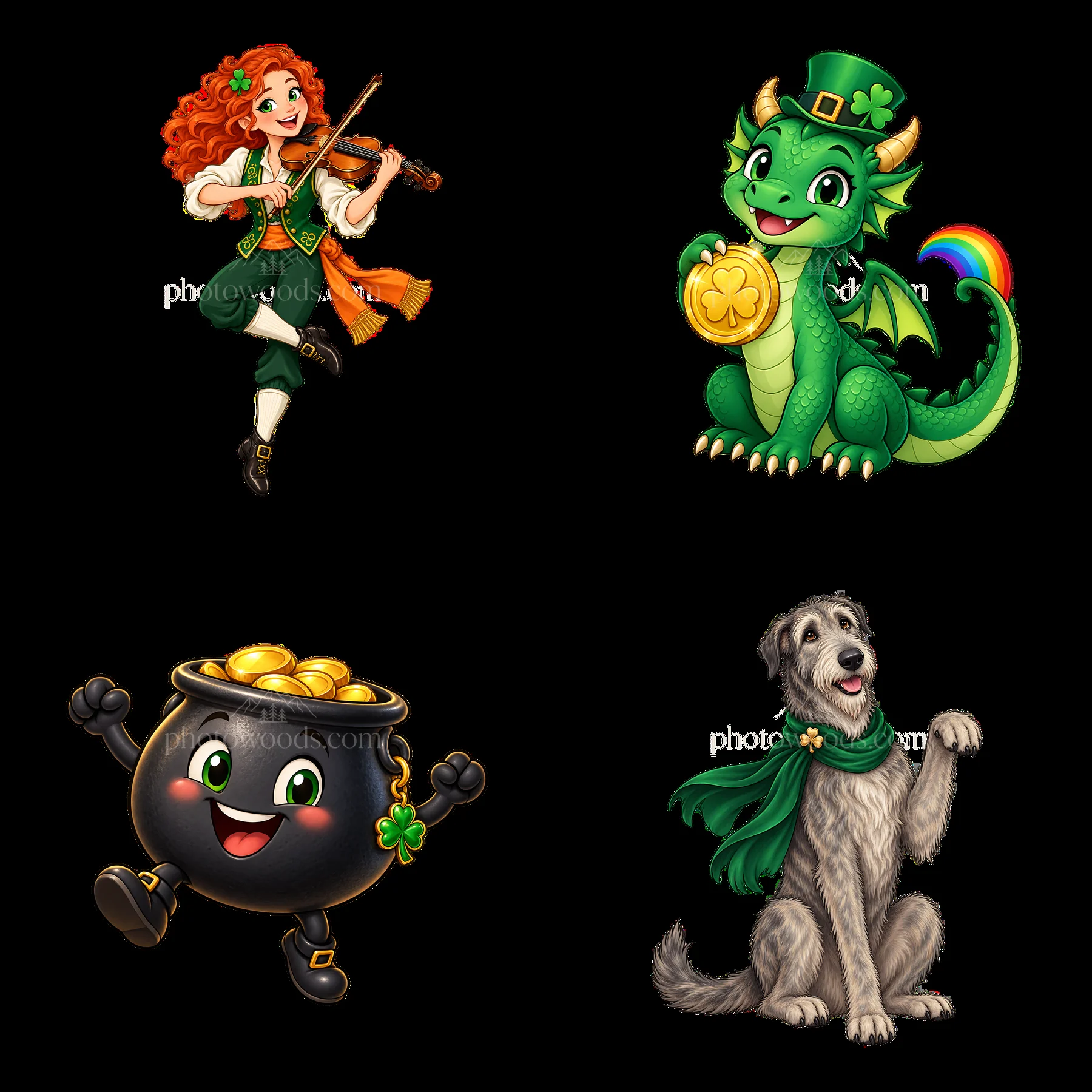 Cartoon St. Patrick's Day characters with dragon, dog, and coins - AI-generated stock image