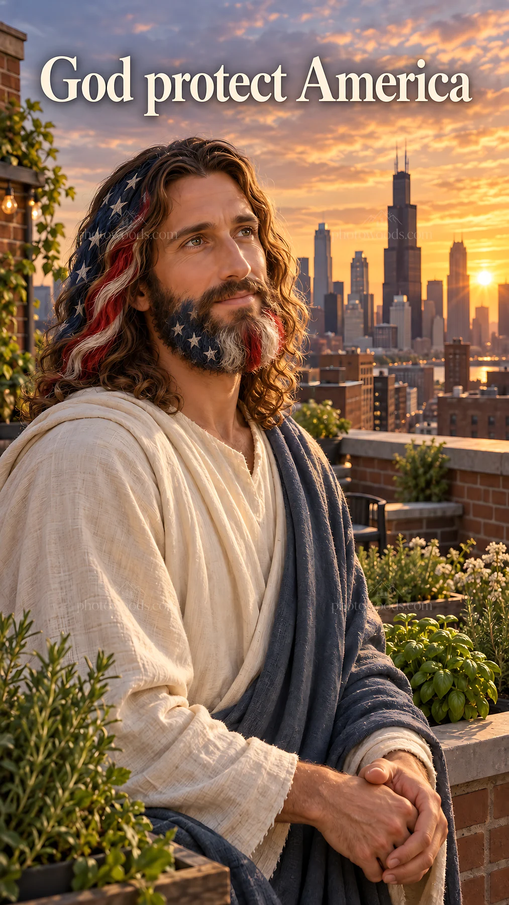 Jesus Christ in devotion, praying for America - AI-generated stock image