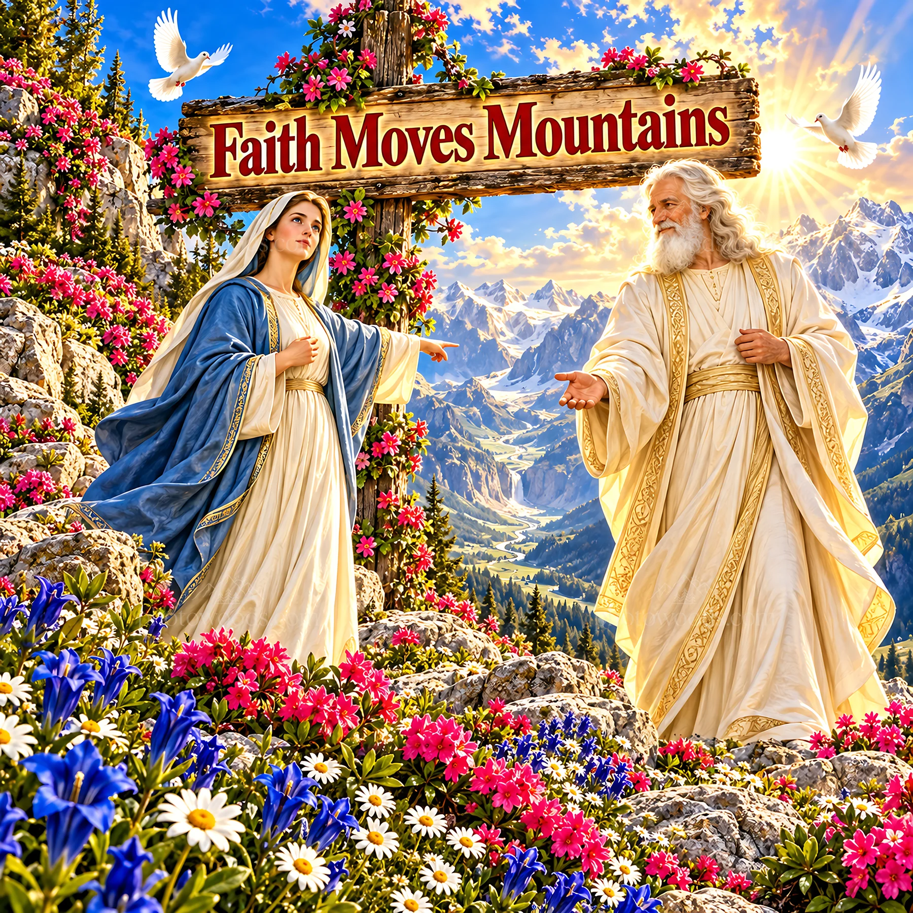 Jesus Christ meets Mary in a vibrant mountain garden - AI-generated stock image