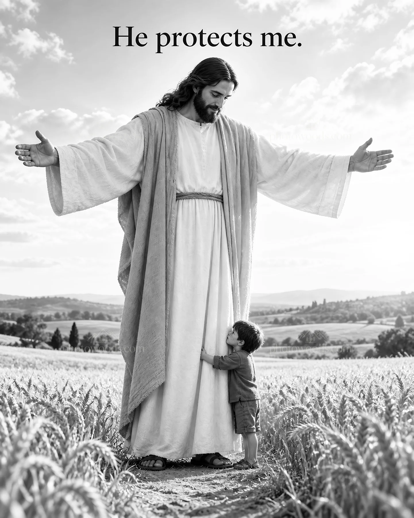 Jesus Christ welcomes a child in a field - AI-generated stock image