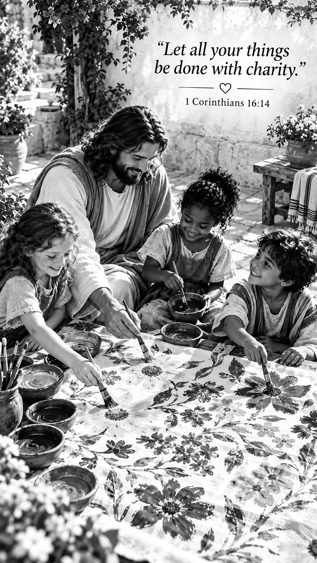 Jesus Christ sharing a meal with children - AI-generated stock image