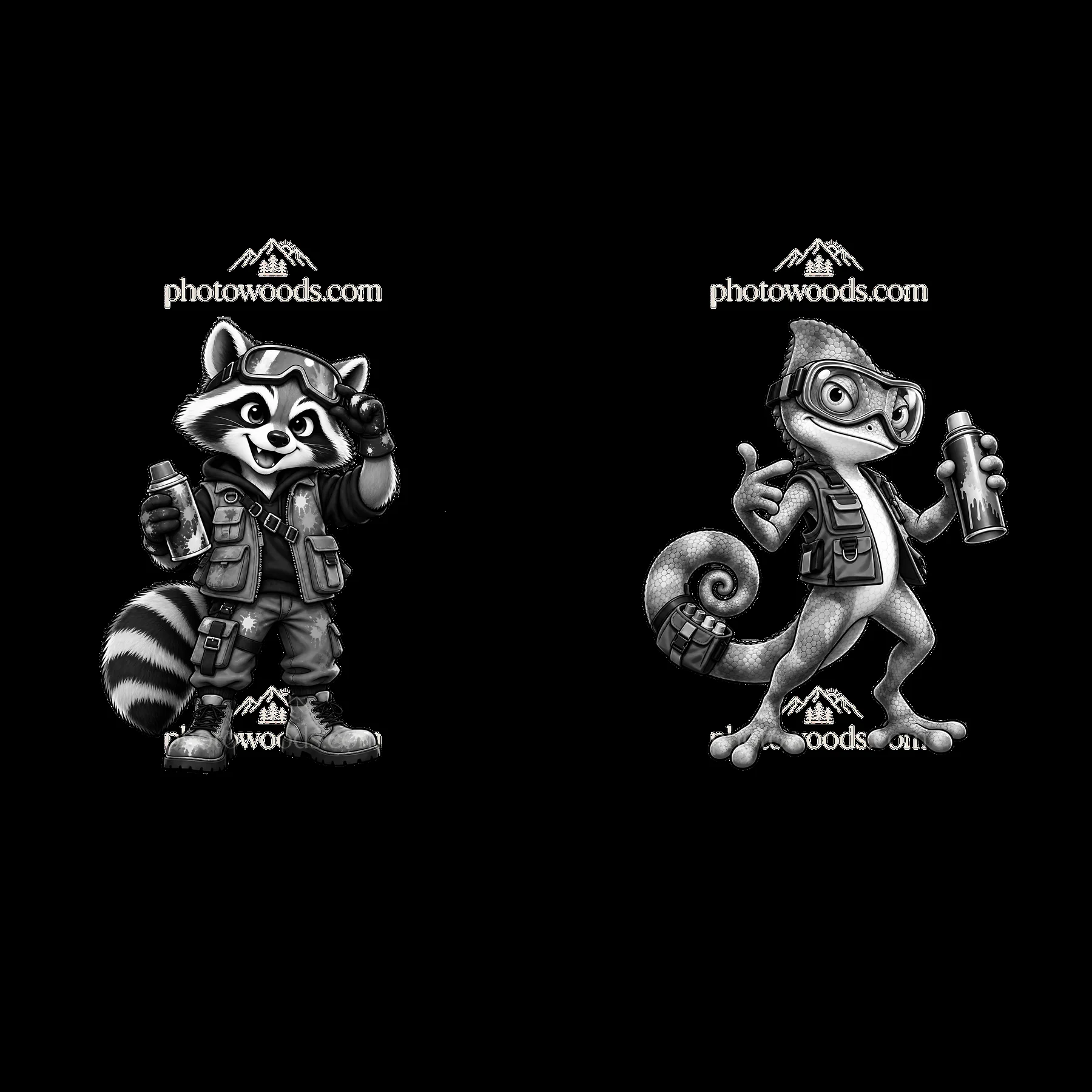 Raccoon and chameleon graffiti sprayers in monochrome style - AI-generated stock image