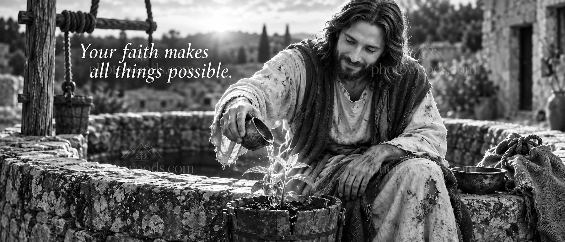 Jesus Christ tending to a plant by a well - AI-generated stock image