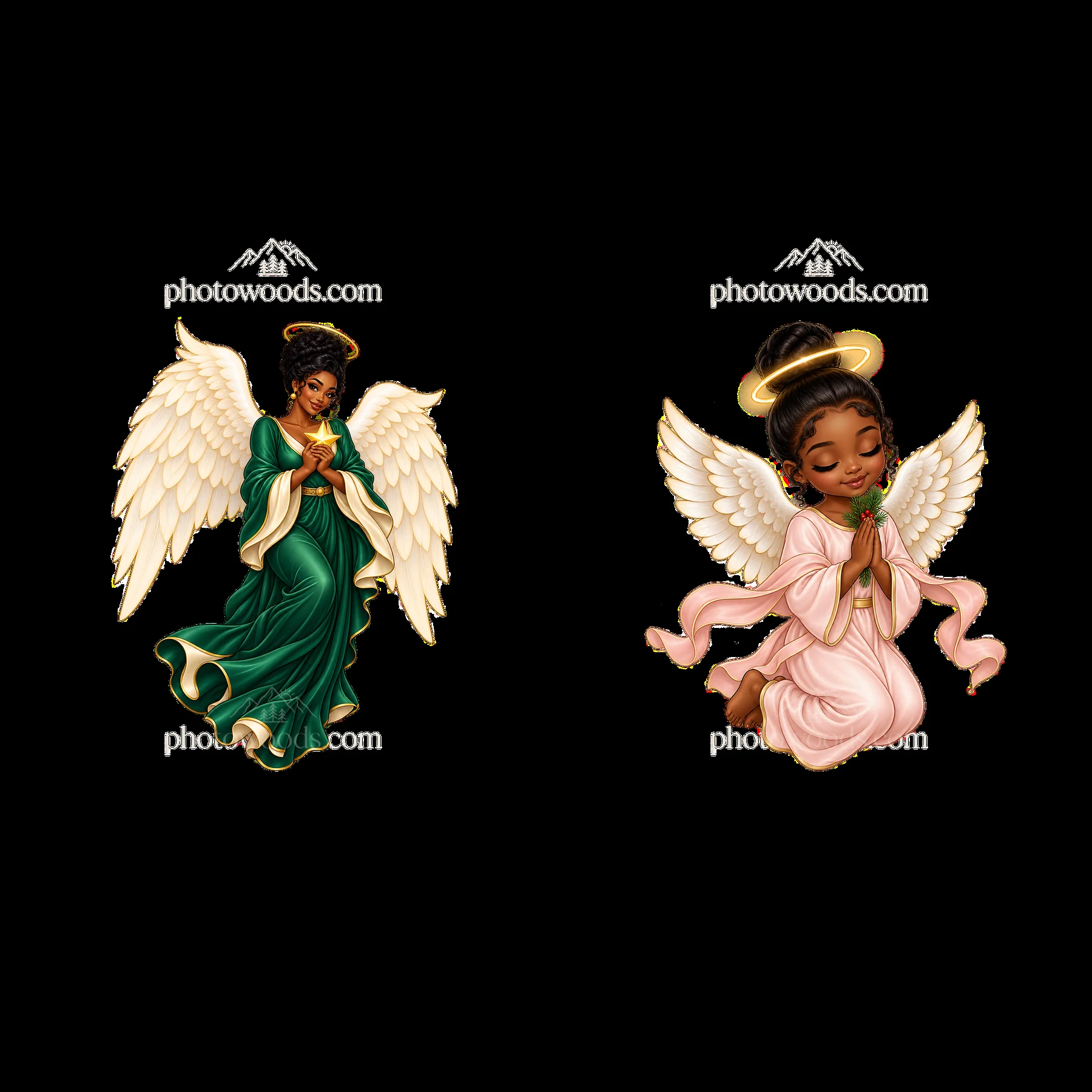 Two Christmas angels in festive colors preparing for the season - AI-generated stock image