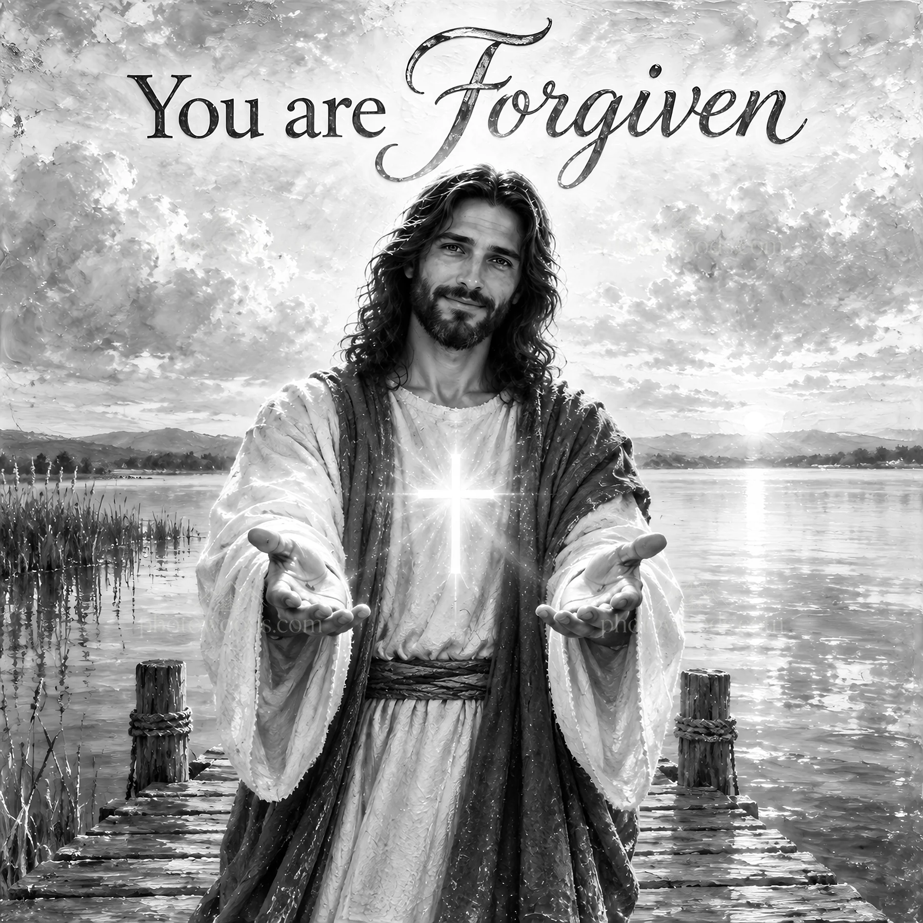 Jesus Christ welcomes with open arms at the lakeside - AI-generated stock image