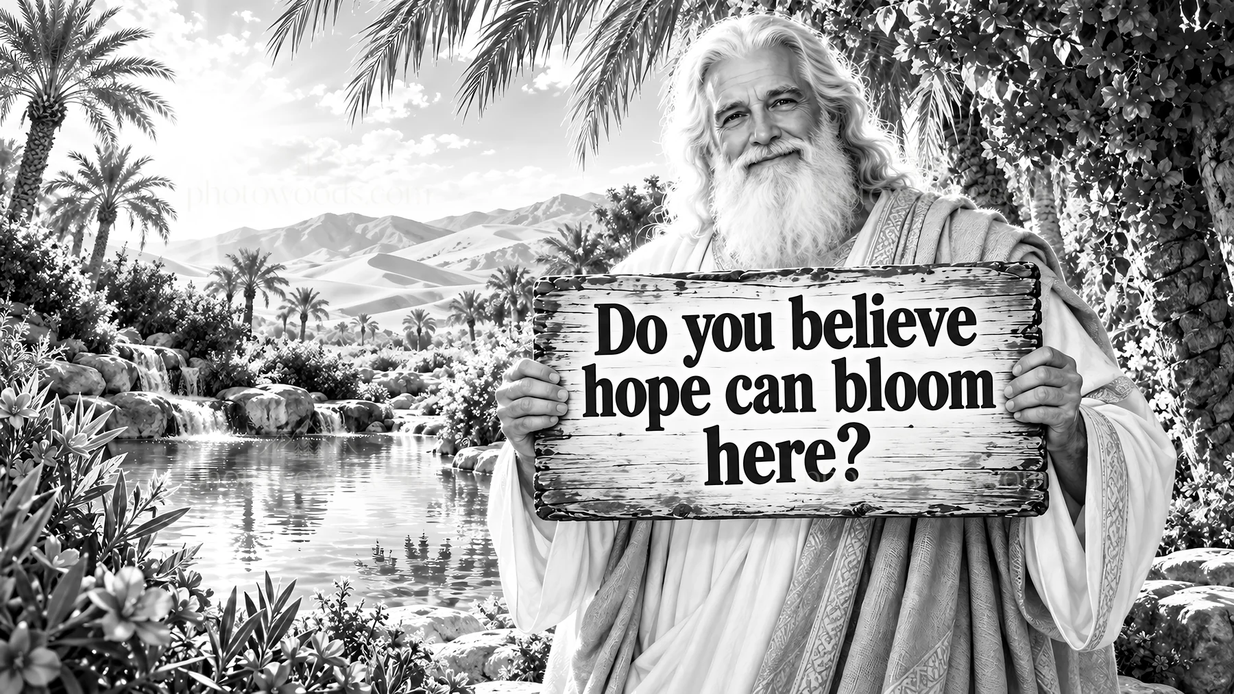 Jesus Christ holding a sign about hope and belief - AI-generated stock image