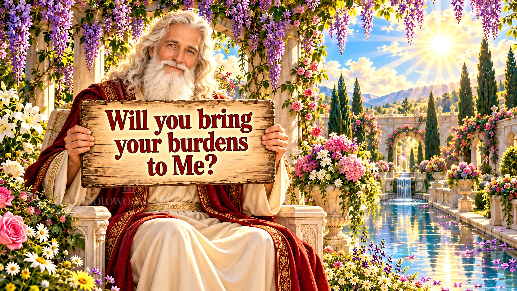Jesus Christ inviting the viewer to bring burdens for comfort - AI-generated stock image