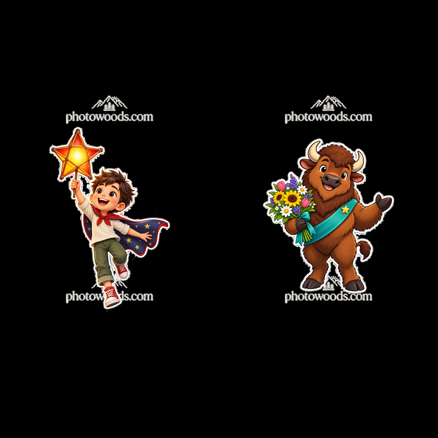 Child and bison character with awards and star in sticker design - AI-generated stock image