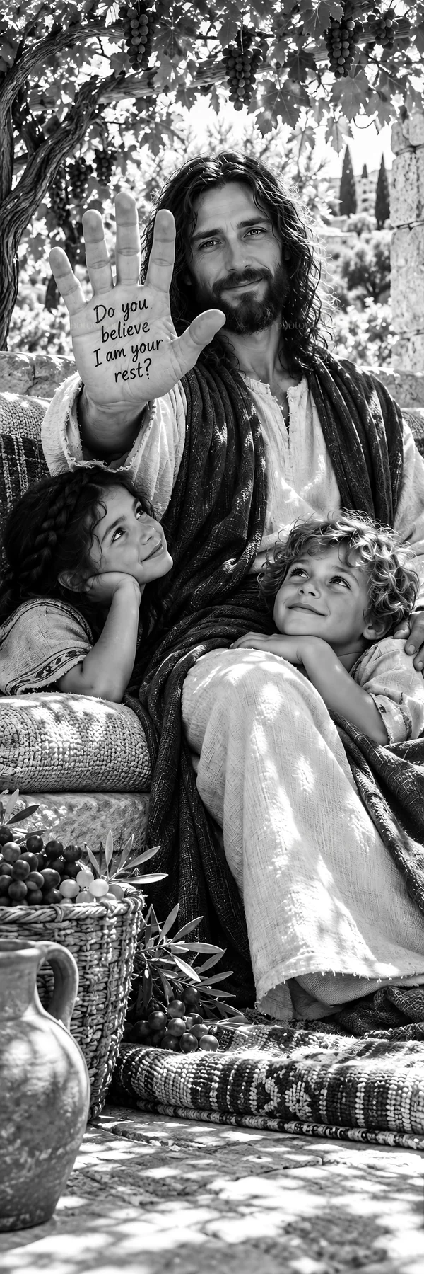Jesus Christ comforting children in a garden setting - AI-generated stock image