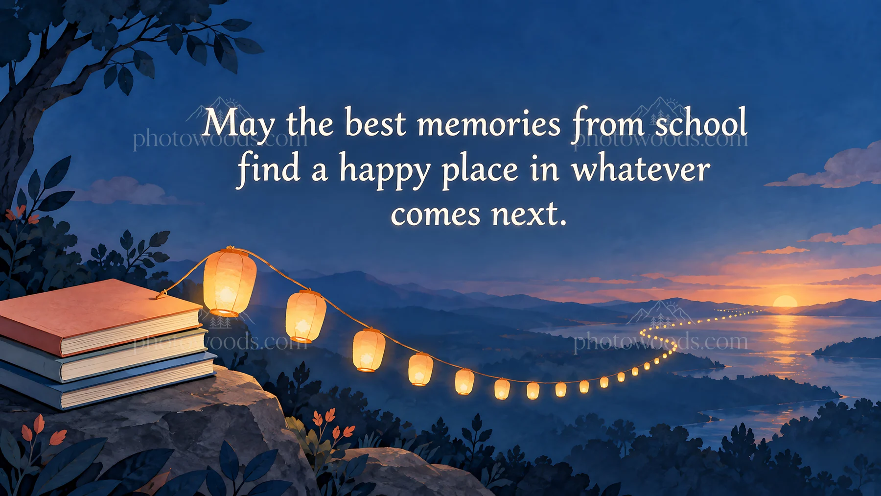 Graduation Greeting with Lanterns at Sunset - AI-generated stock image