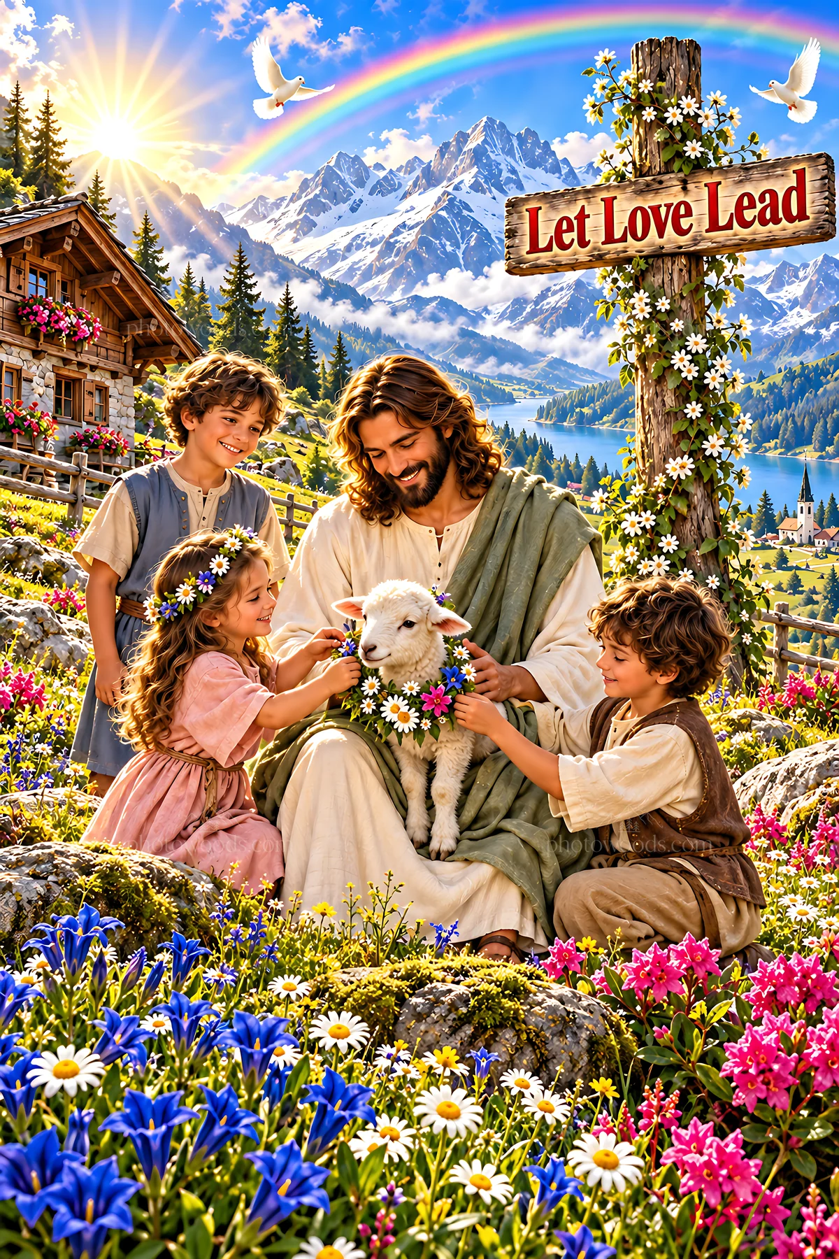 Gentleness in the Alpine Meadow with children and a sheep - AI-generated stock image