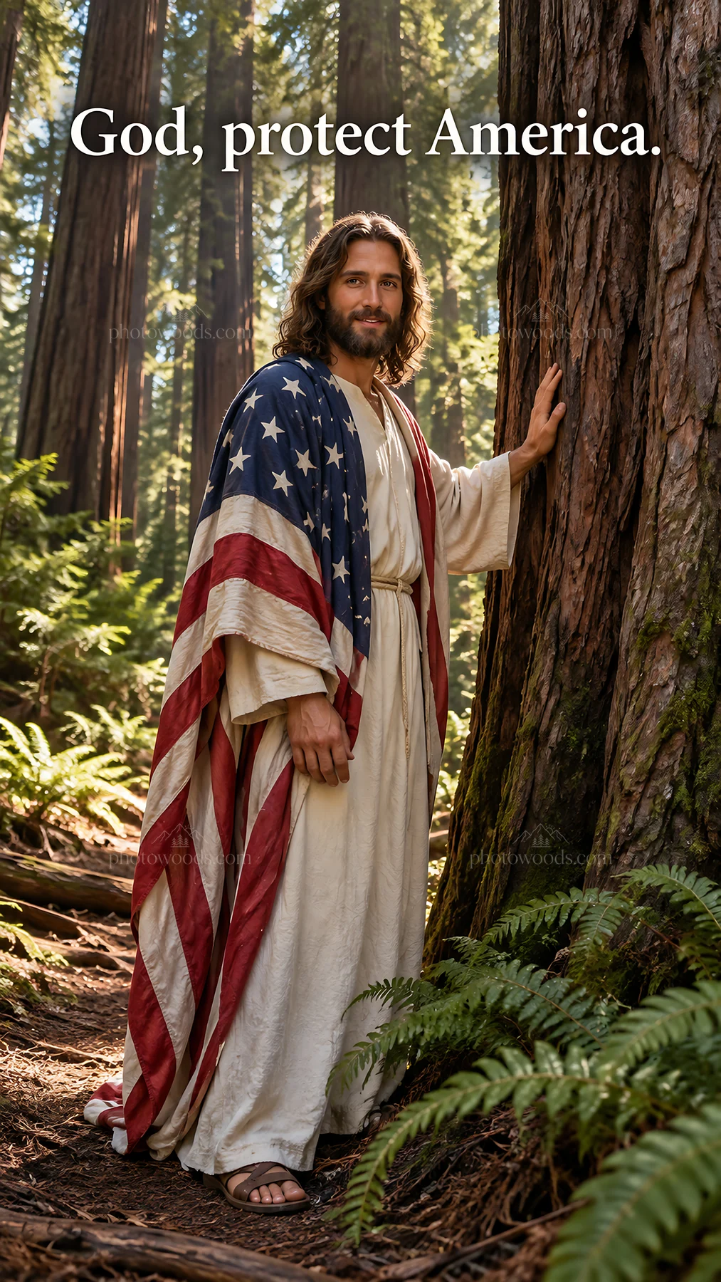 Jesus Christ standing among trees with an American flag - AI-generated stock image