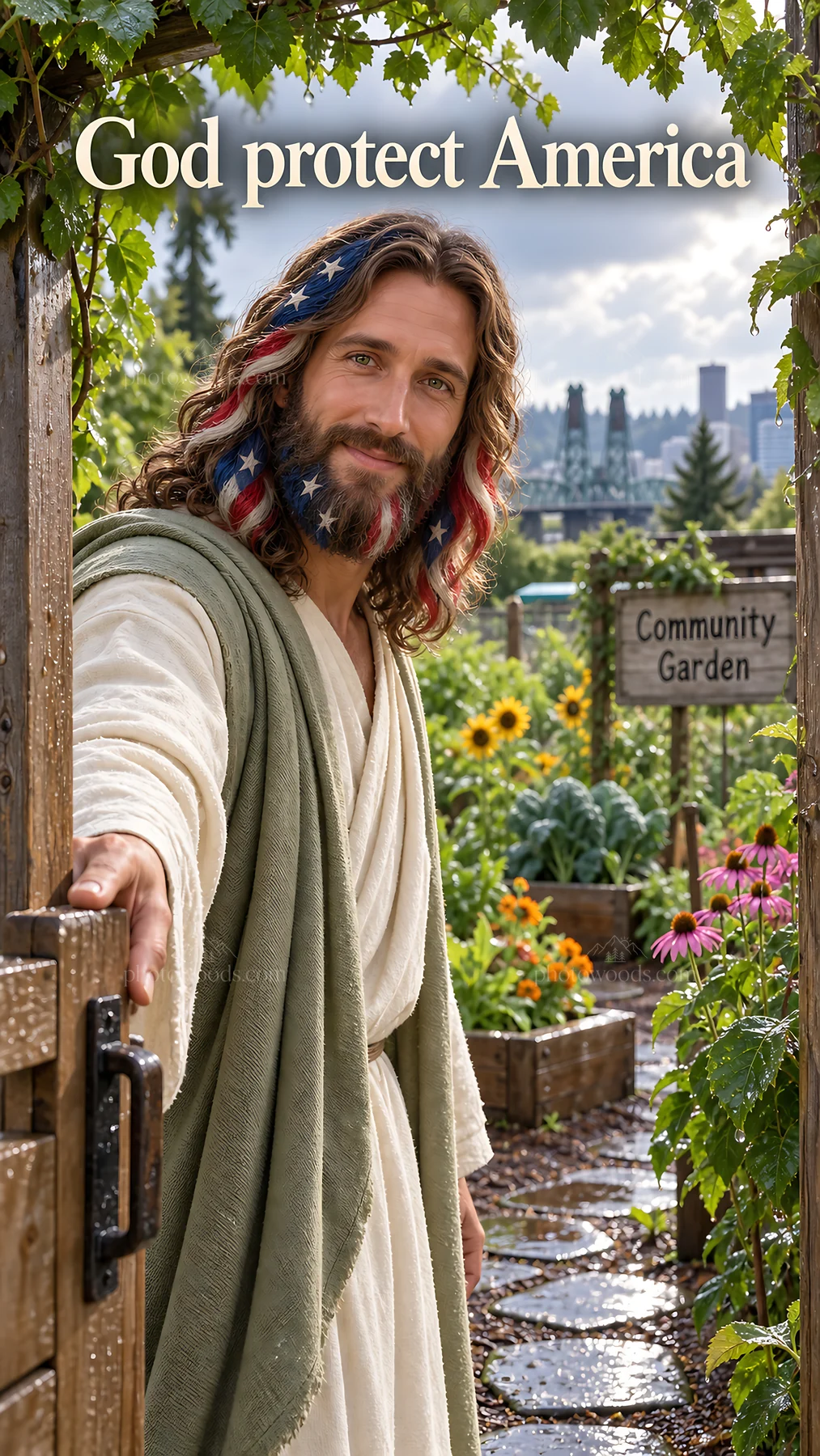 Jesus Christ in a community garden, welcoming visitors - AI-generated stock image